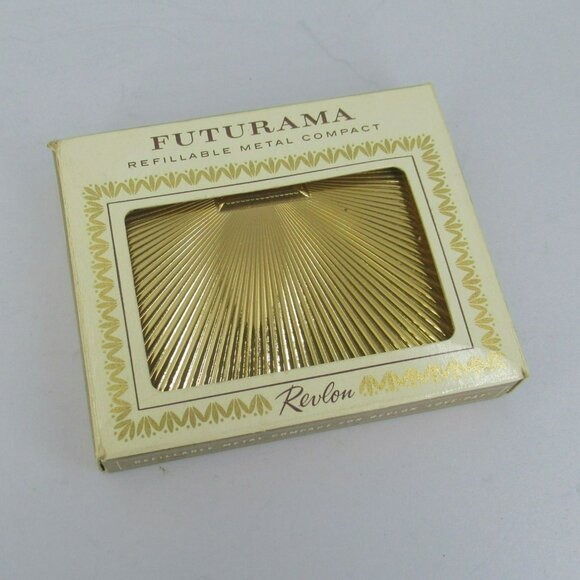 Vintage Revlon Futurama Gold Metal FULL Compact Mirror Love Pat Rachel - Picture 9 of 12